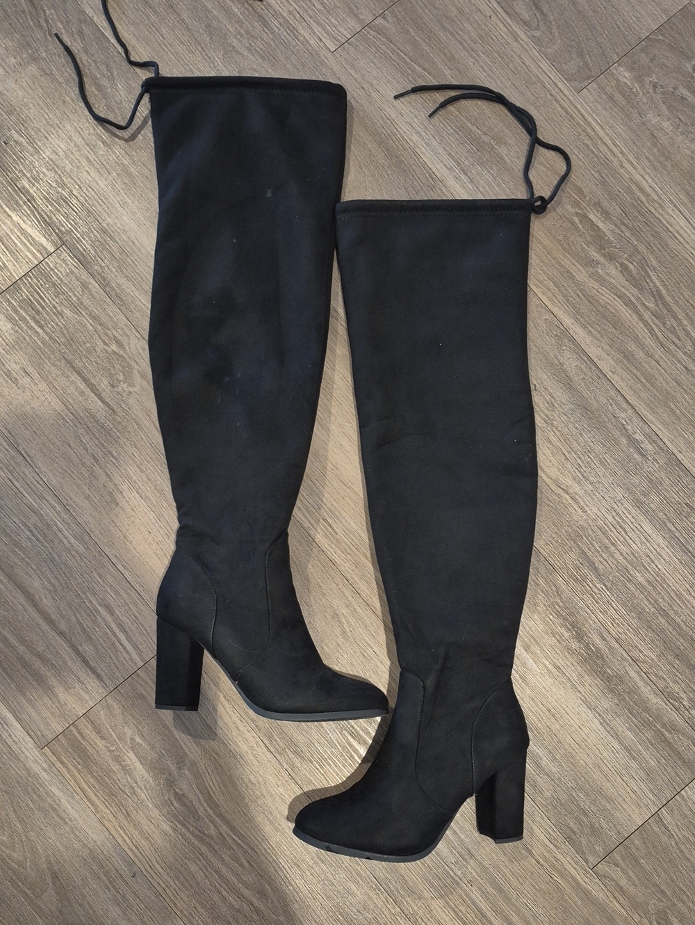 Black Over-the-Knee Block Heel Boots with Tie